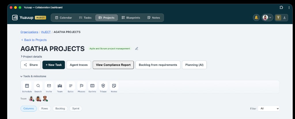 Yuzu collaboration dashboard: INJECT organisation, AGATHA PROJECTS board, agent traces, compliance report, and tools for schedule, epics, sprints, and planning.